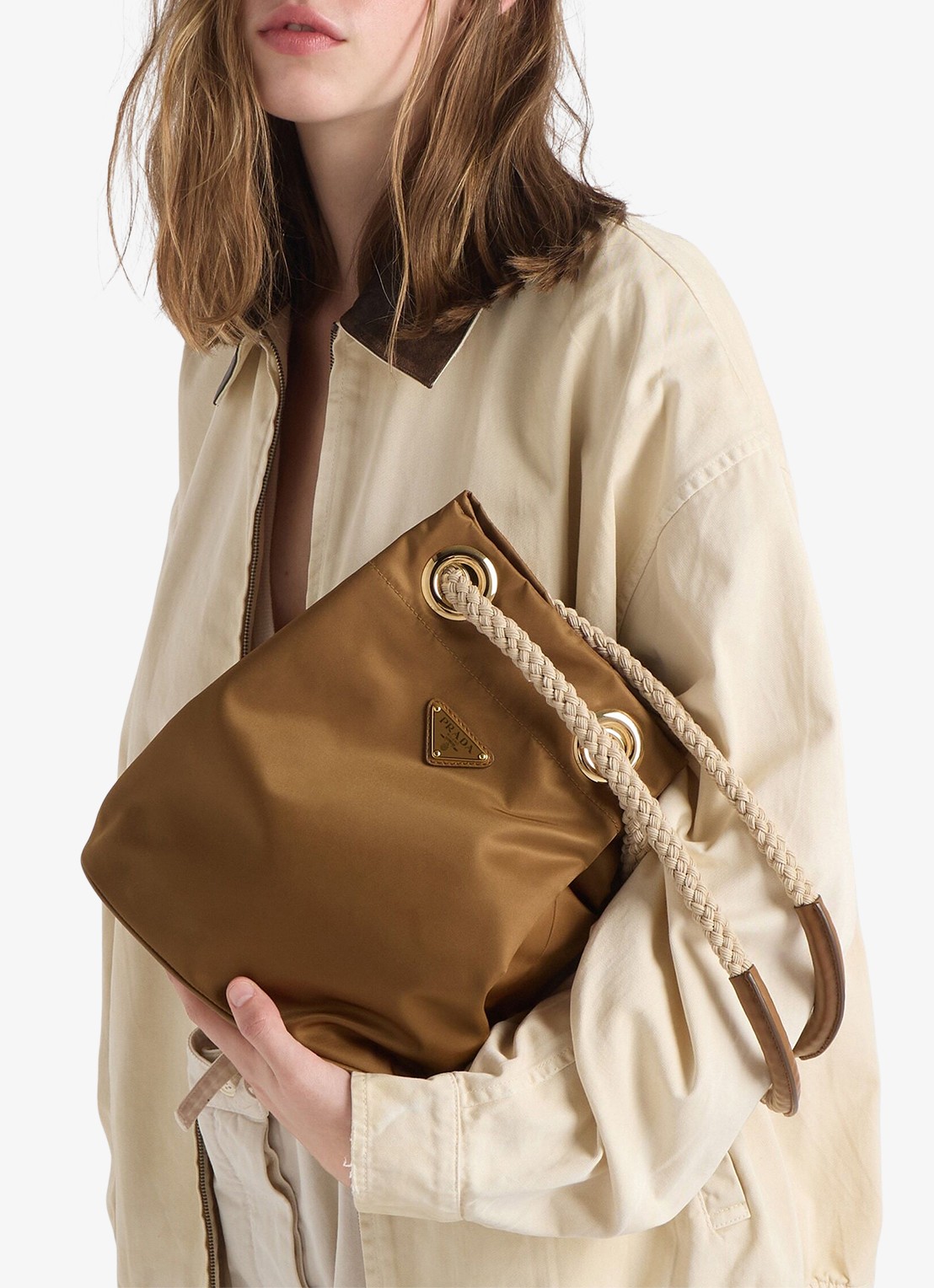 Prada Mariner Re-Nylon Small schoudertas met logo - voorkant 7 camel