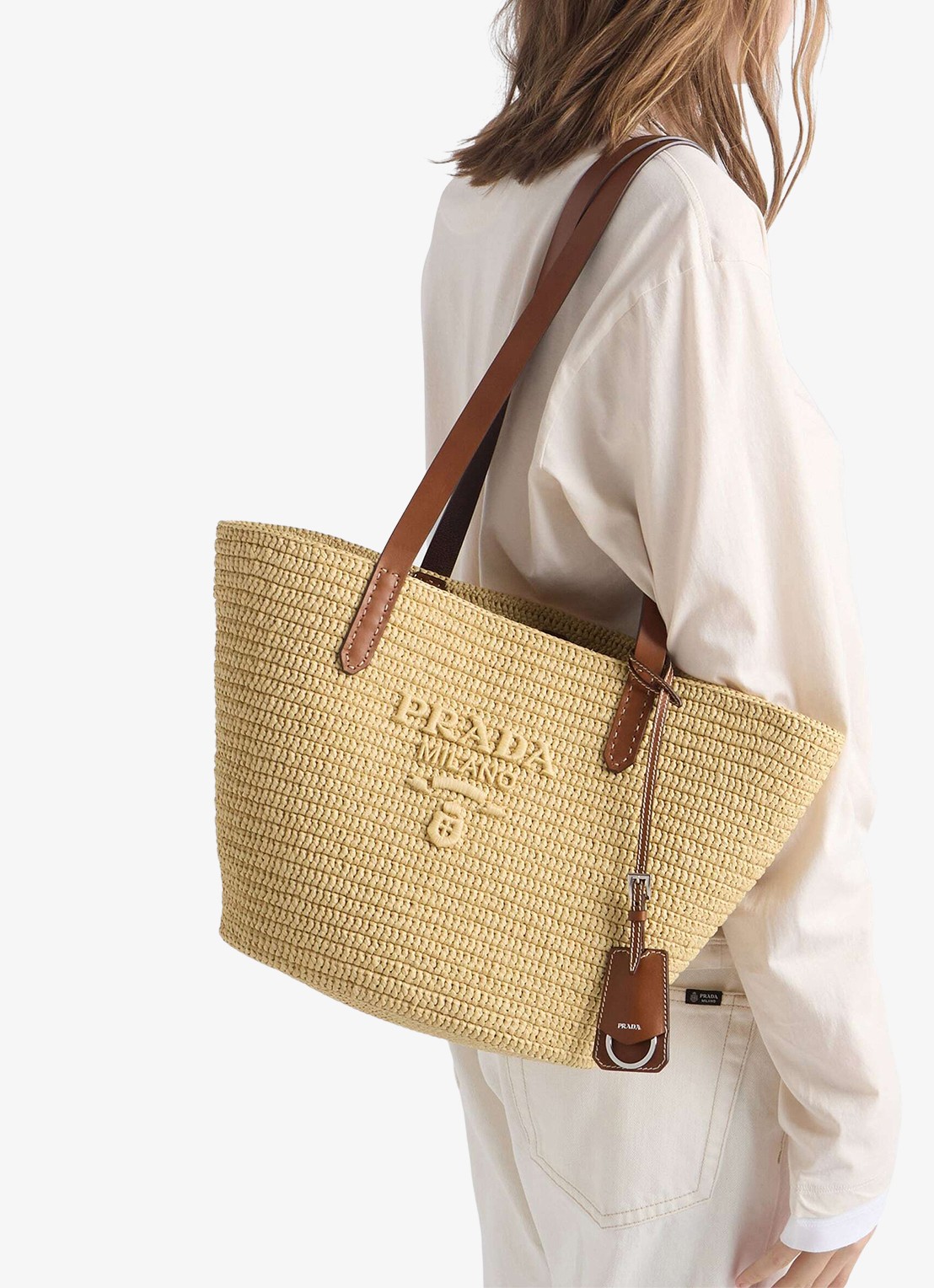Prada Medium shopper van crochet met leren details en logo - voorkant 7 beige