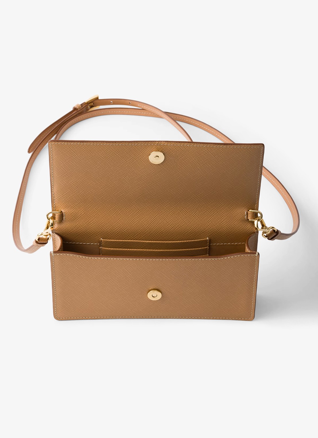 Prada Mini clutch van leer met afneembare schouderriem - detail camel