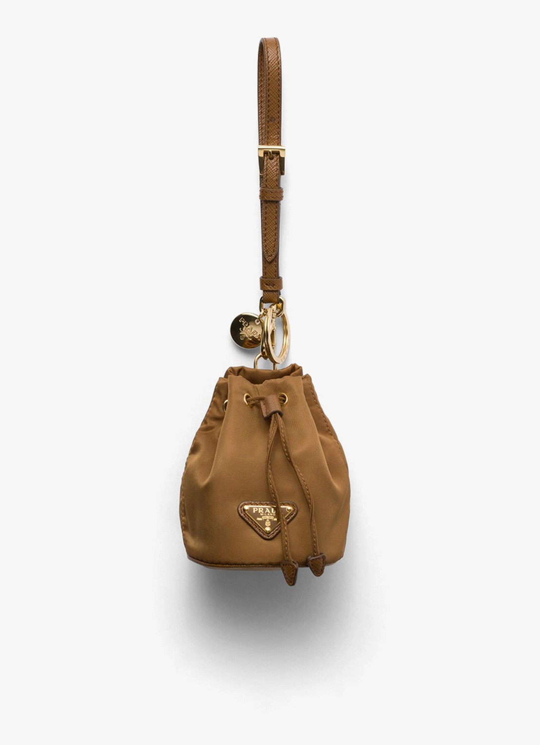 Prada Mini Icon Re-Nylon sleutelhanger met leren details - voorkant 3 camel