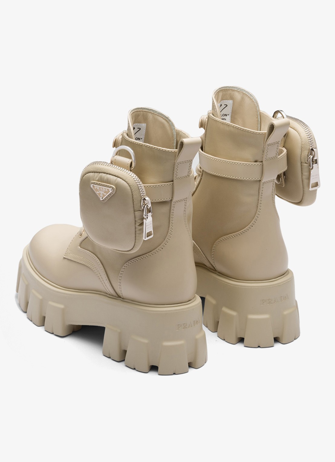 Prada Monolith Re-Nylon biker boot van leer - achterkant donkerbeige