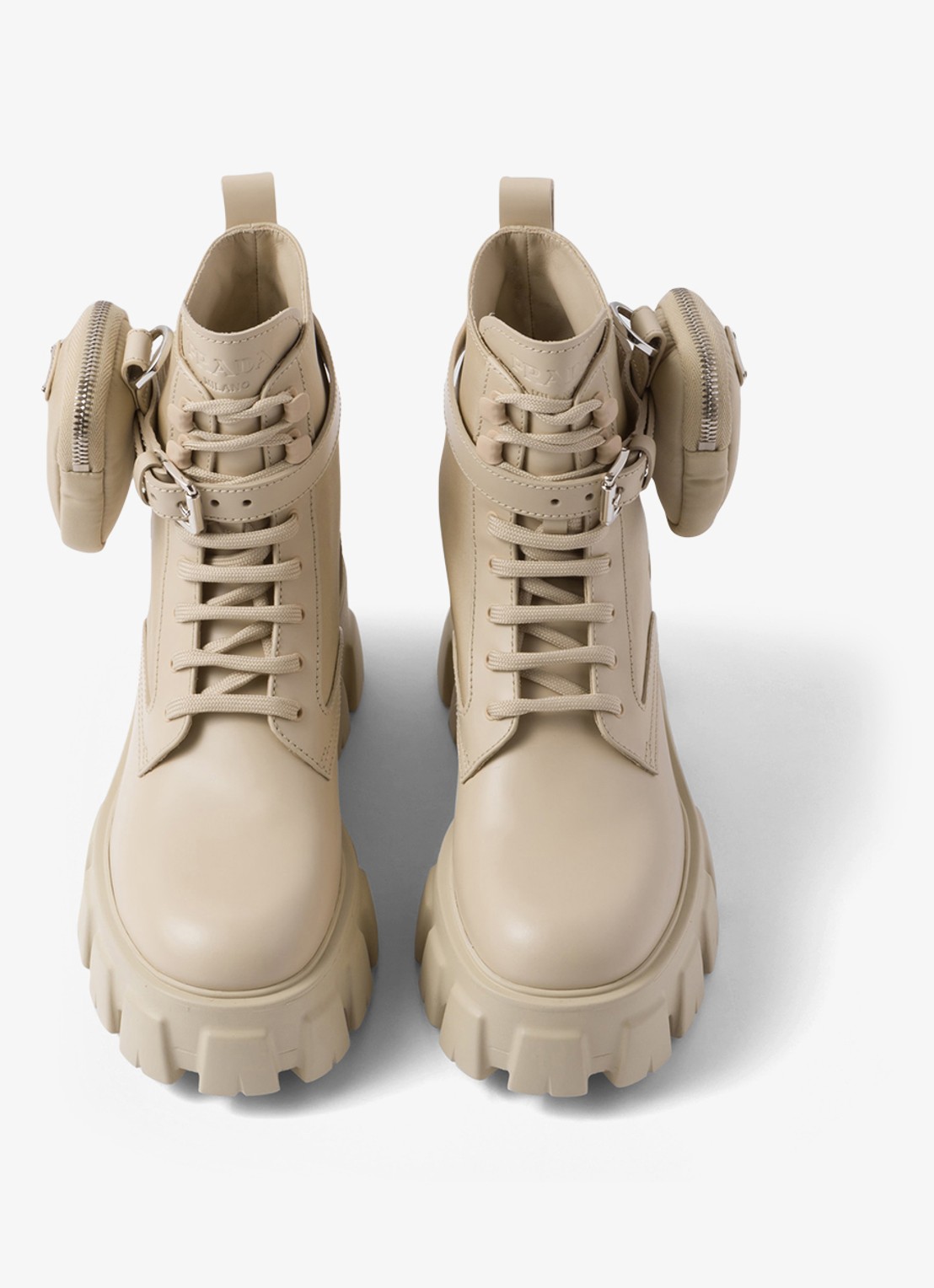 Prada Monolith Re-Nylon biker boot van leer - detail 5 donkerbeige