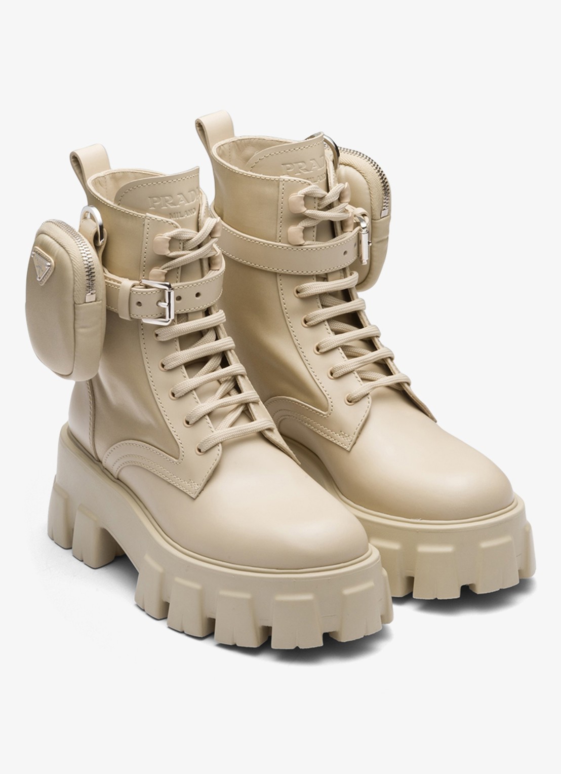 Prada Monolith Re-Nylon biker boot van leer - voorkant 2 donkerbeige