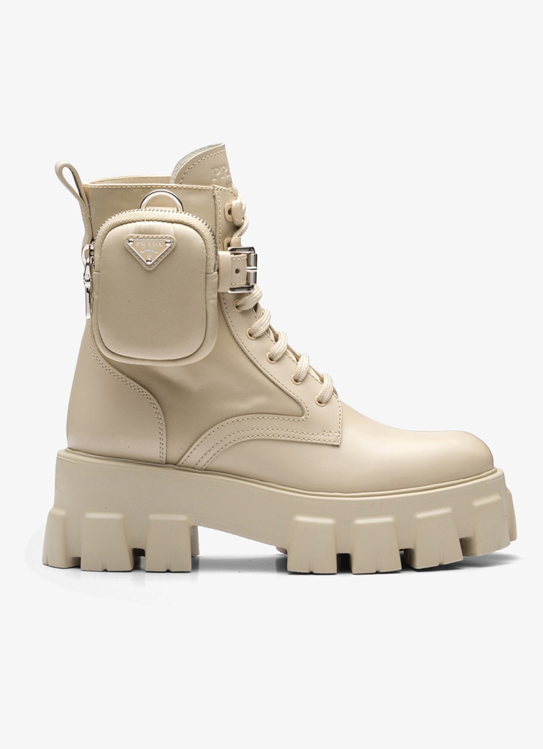 Prada Monolith Re-Nylon biker boot van leer - voorkant 3 donkerbeige