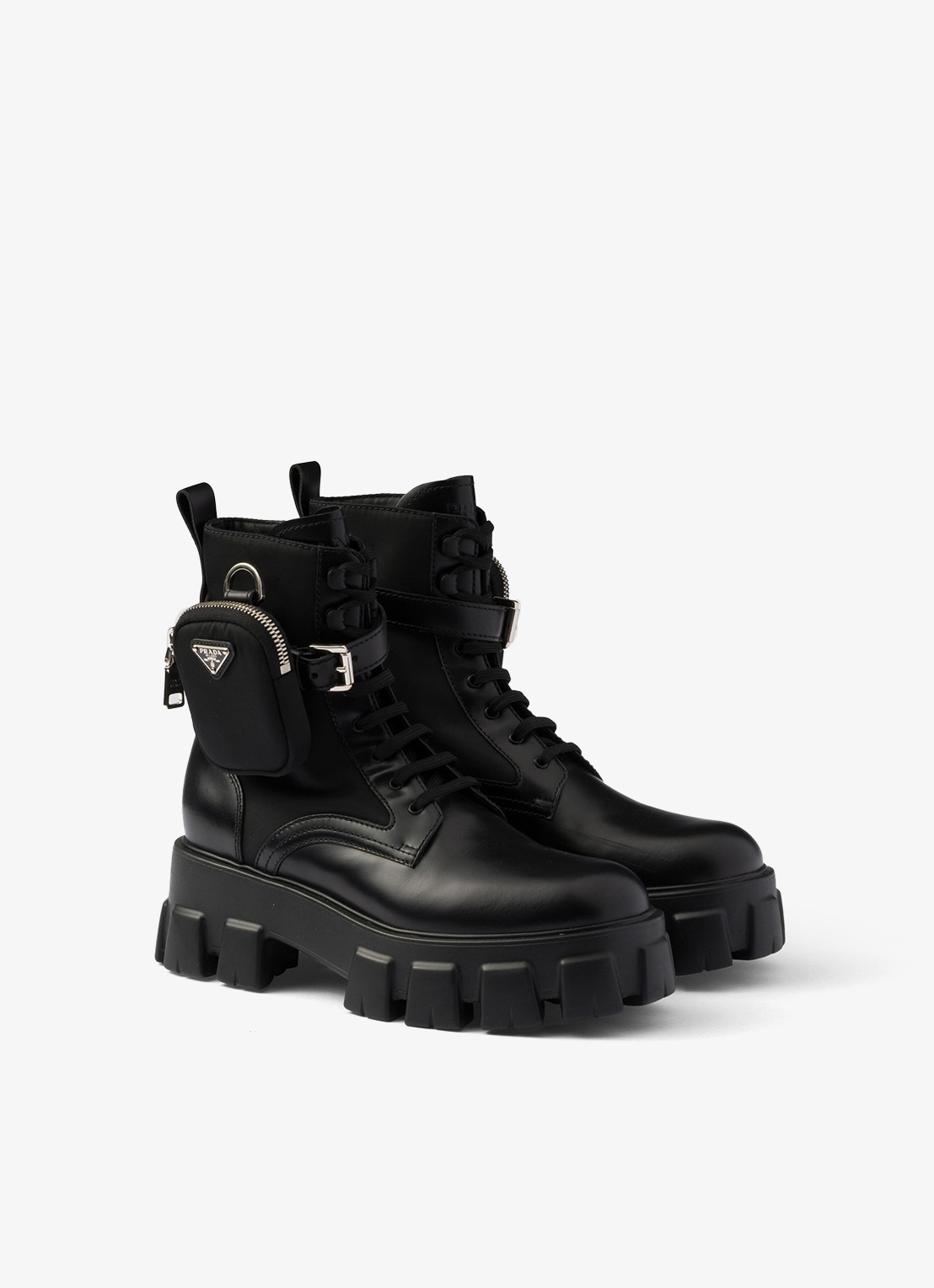 Prada Monolith Re-Nylon biker boot van leer - detail 3 zwart