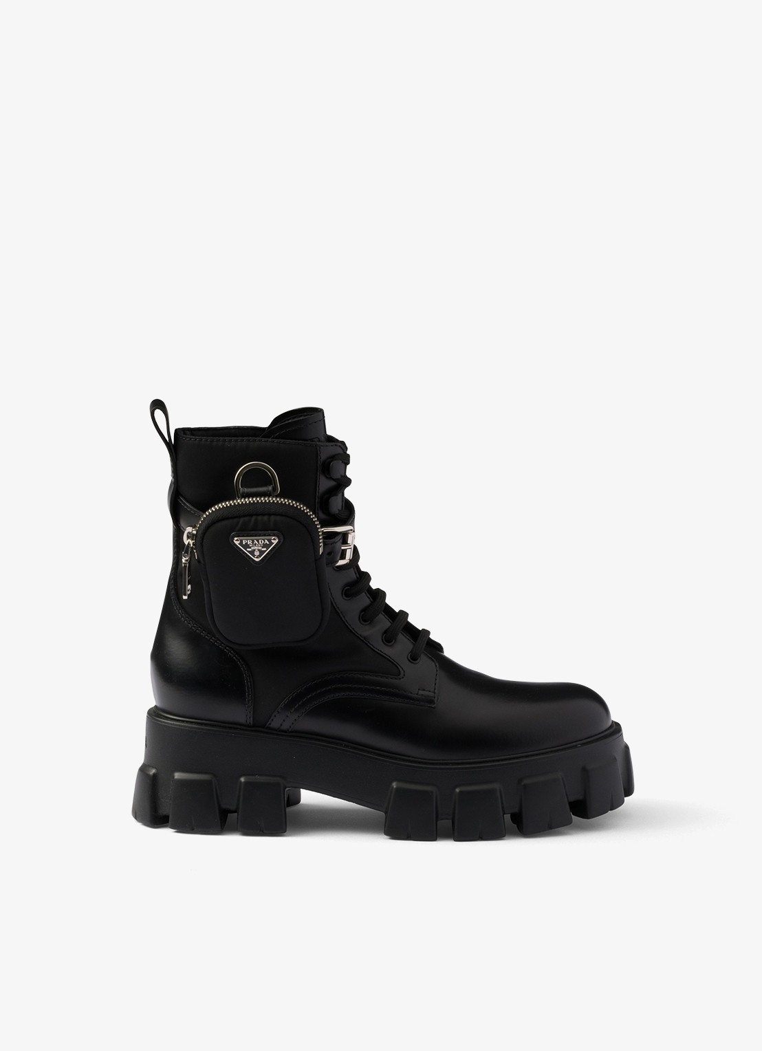 Prada Monolith Re-Nylon biker boot van leer - voorkant zwart