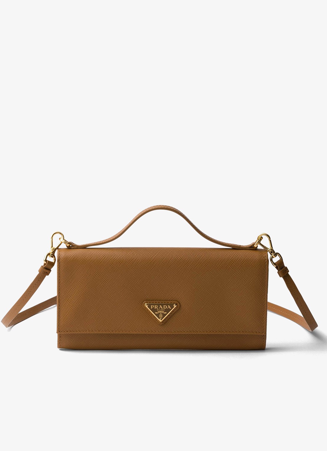 Prada Portemonnee van kalfsleer met afneembare schouderriem - voorkant camel