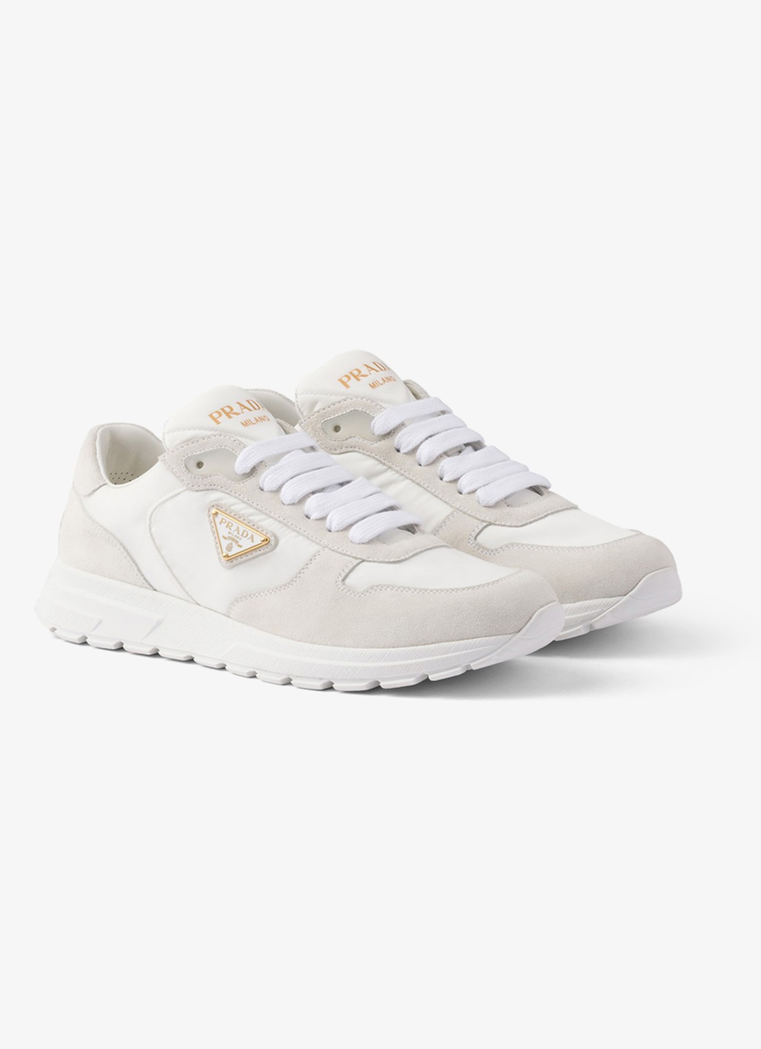 Prada Prax 2.0 Re-Nylon sneaker met suède details - voorkant 2 gebroken wit