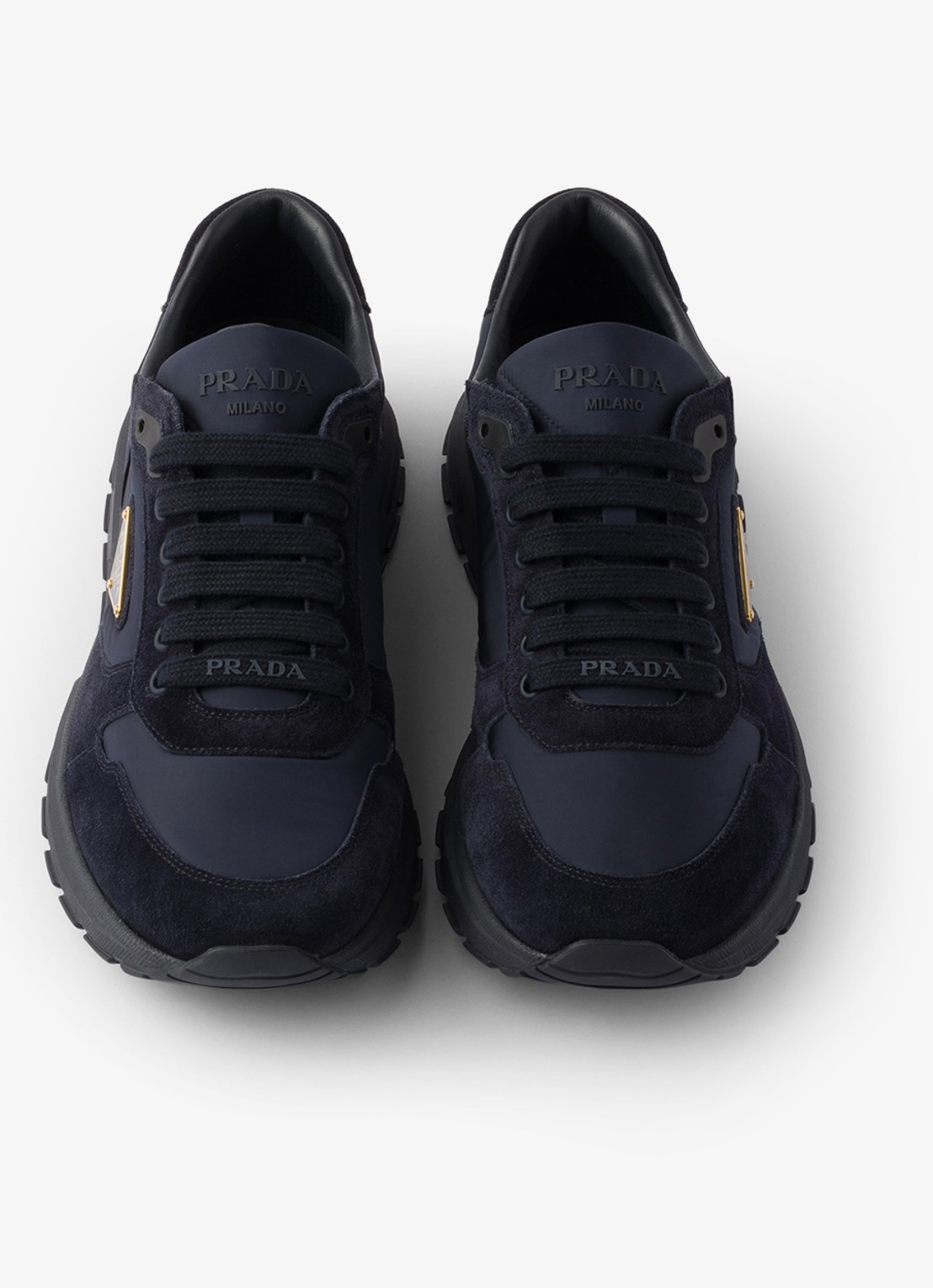 Prada Prax 2.0 Re-Nylon sneaker met suède details - detail donkerblauw