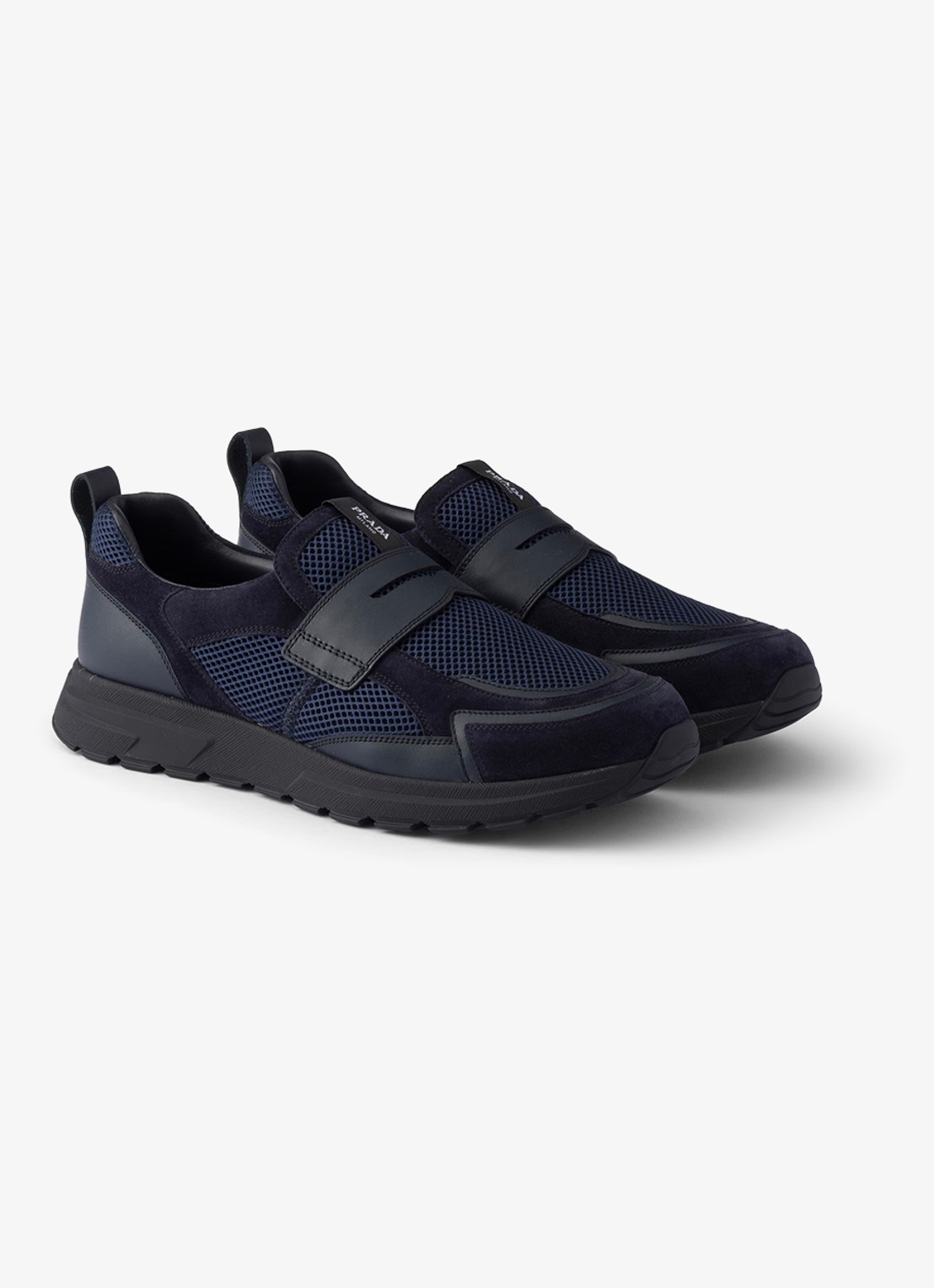 Prada Prax loafer van mesh met leren details - detail 3 donkerblauw