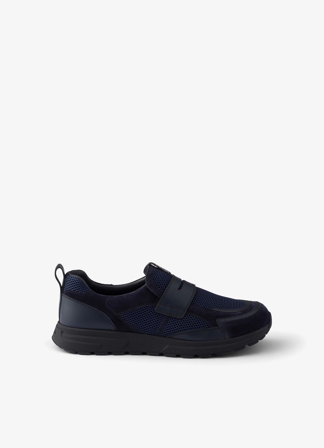 Prada Prax loafer van mesh met leren details - voorkant donkerblauw