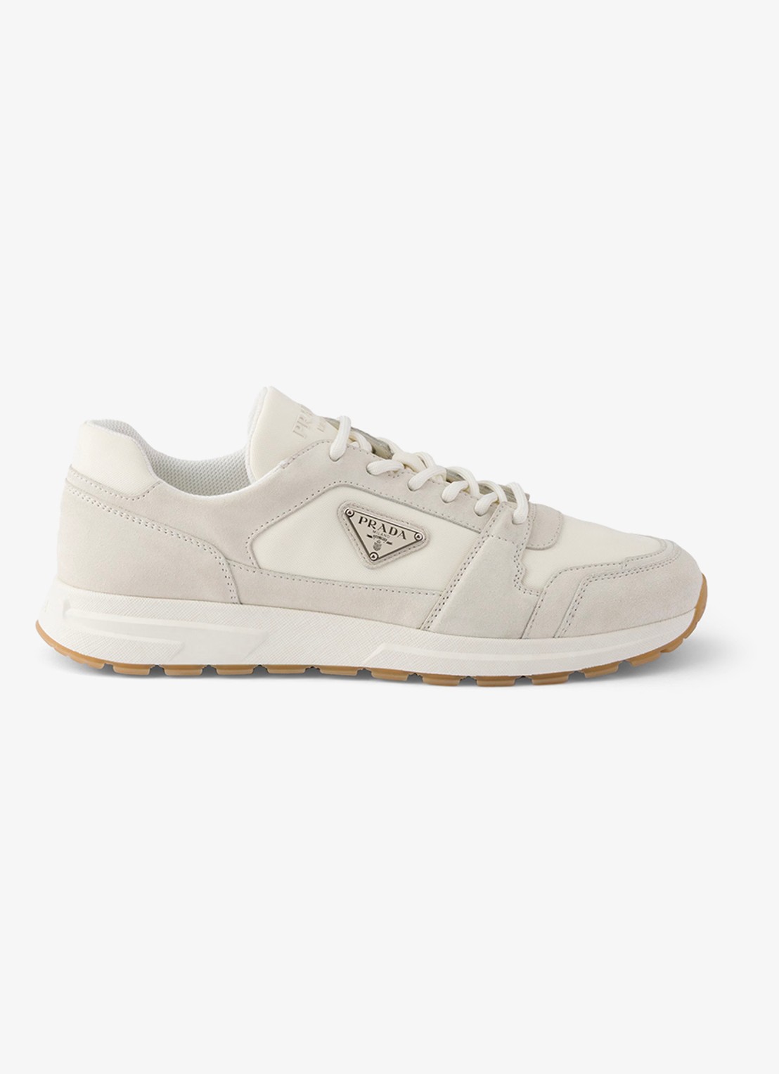 Prada Prax Re-Nylon sneaker met kalfssuède details - voorkant gebroken wit