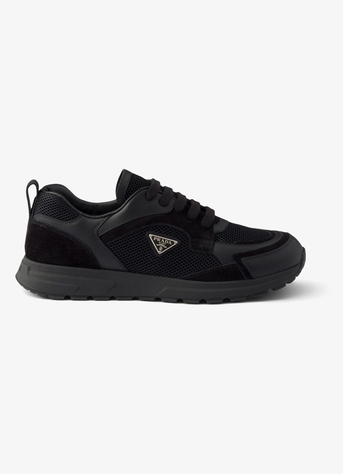 Prada Prax sneaker van leer met mesh details - voorkant zwart
