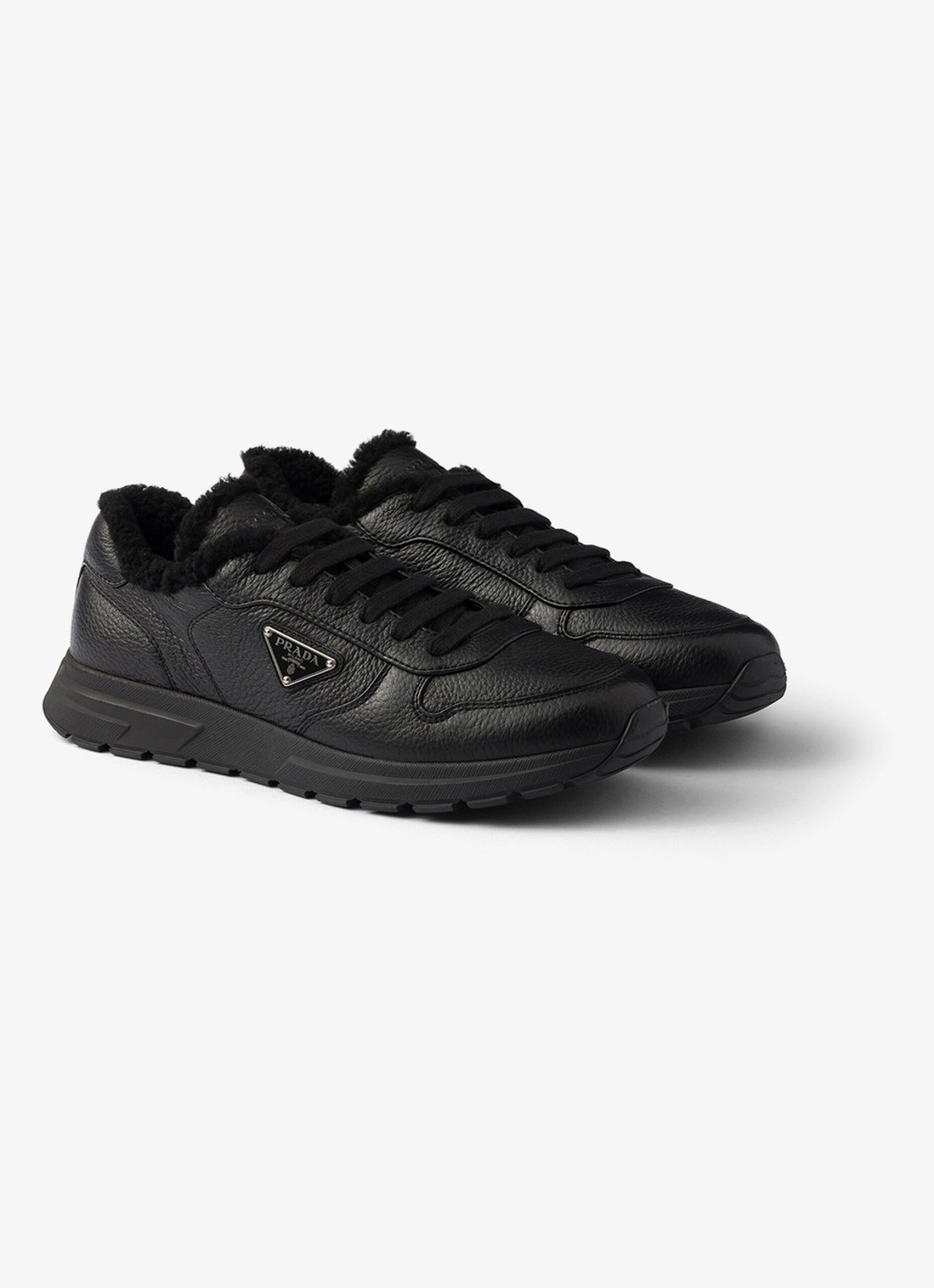 Prada Prax sneaker van leer met schapenvacht - voorkant 2 zwart