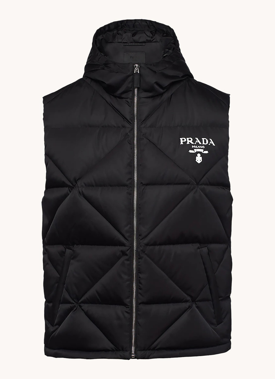 Prada Re-Nylon gewatteerde bodywarmer met donsvulling en capuchon - voorkant 2 zwart