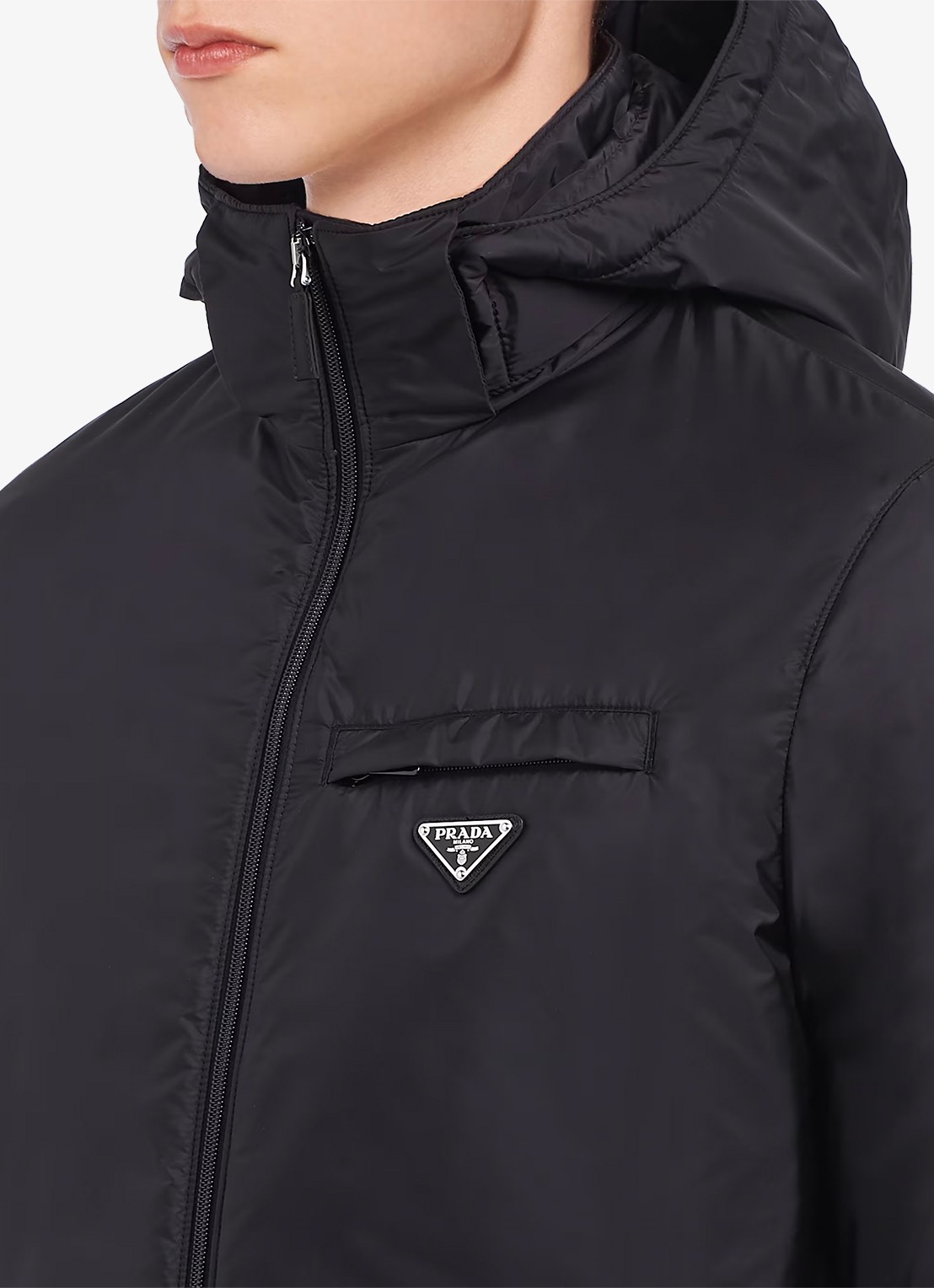 Prada Re-Nylon puffer jack met afneembare capuchon - detail 2 zwart