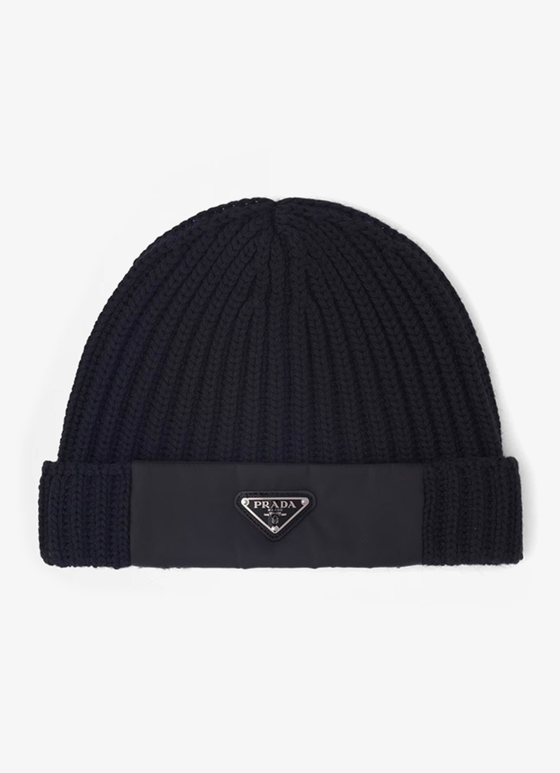 Prada Re-Nylon ribgebreide muts met logo - voorkant 2 zwart