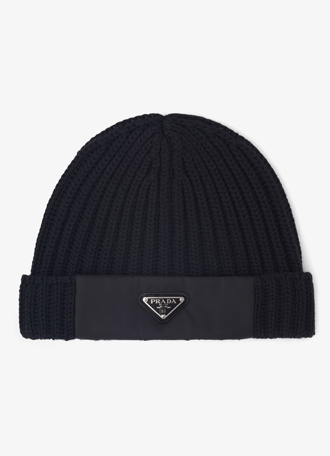 Prada Re-Nylon ribgebreide muts van wol met logo - voorkant zwart
