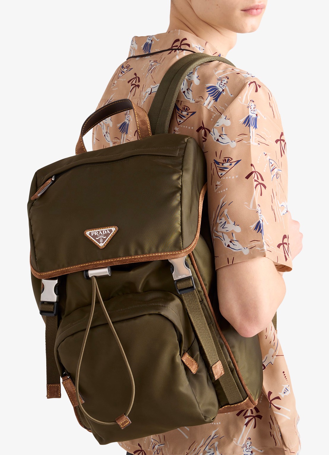 Prada Re-Nylon rugzak met leren details - voorkant 7 legergroen