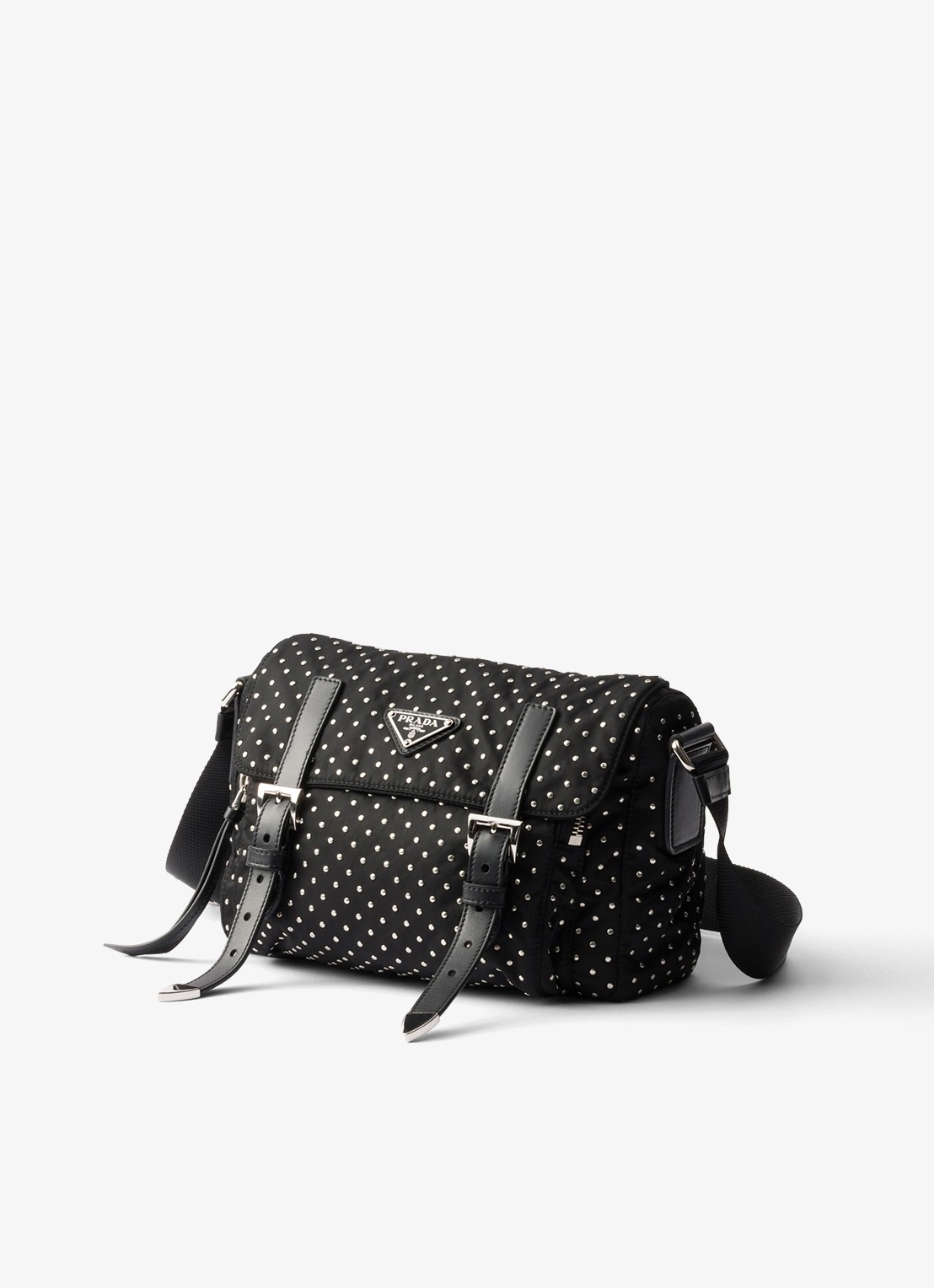 Prada Re-Nylon schoudertas met leren details en studs - voorkant 3 zwart