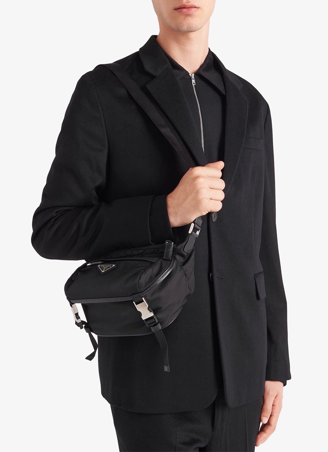 Prada Re-Nylon schoudertas met leren details - voorkant 2 zwart