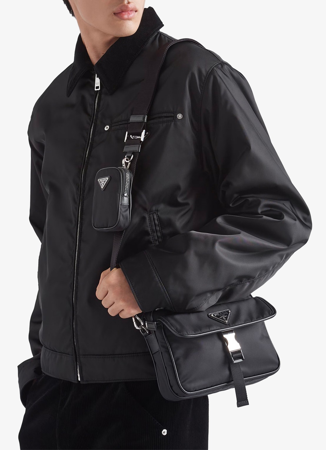 Prada Re-Nylon schoudertas met leren details - voorkant 2 zwart