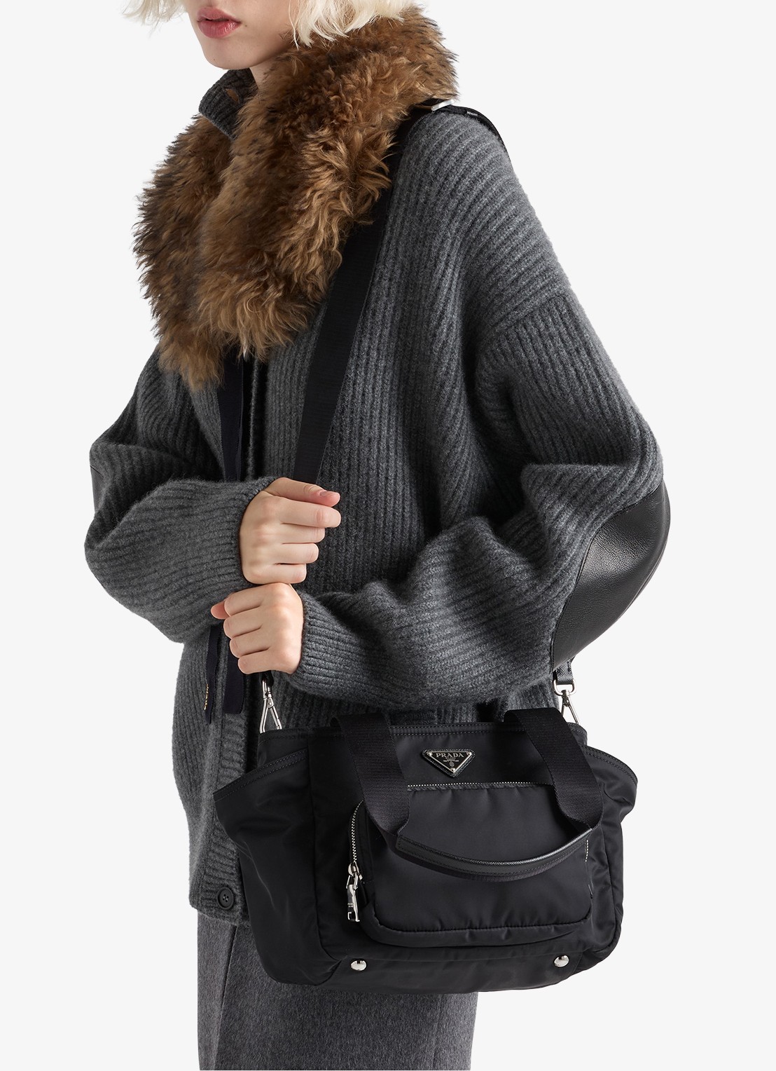 Prada Re-Nylon schoudertas met leren details - voorkant 2 zwart