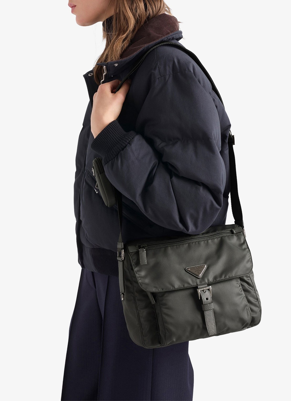 Prada Re-Nylon schoudertas met leren details - voorkant 6 donkergrijs
