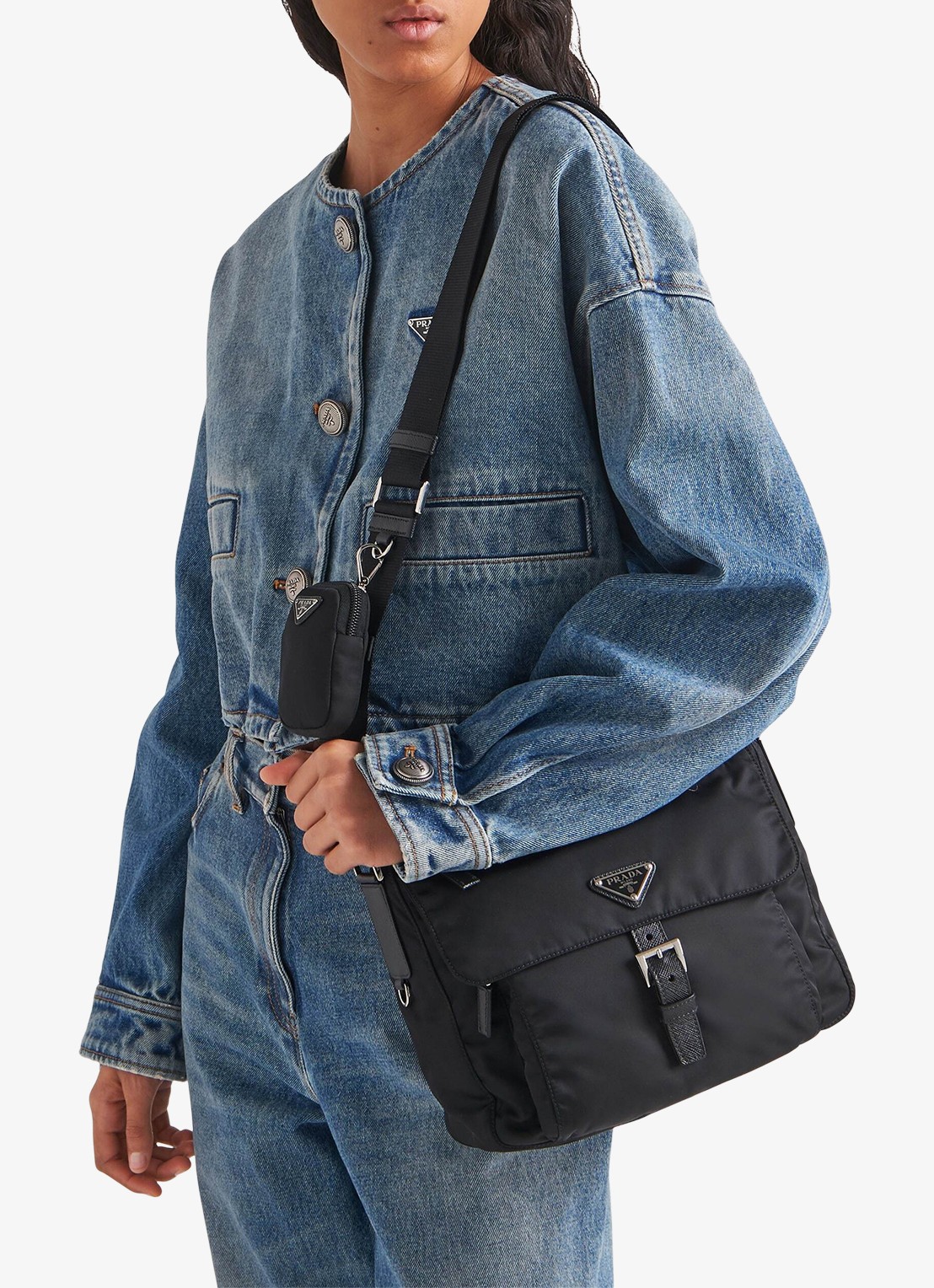 Prada Re-Nylon schoudertas met leren details - voorkant 2 zwart