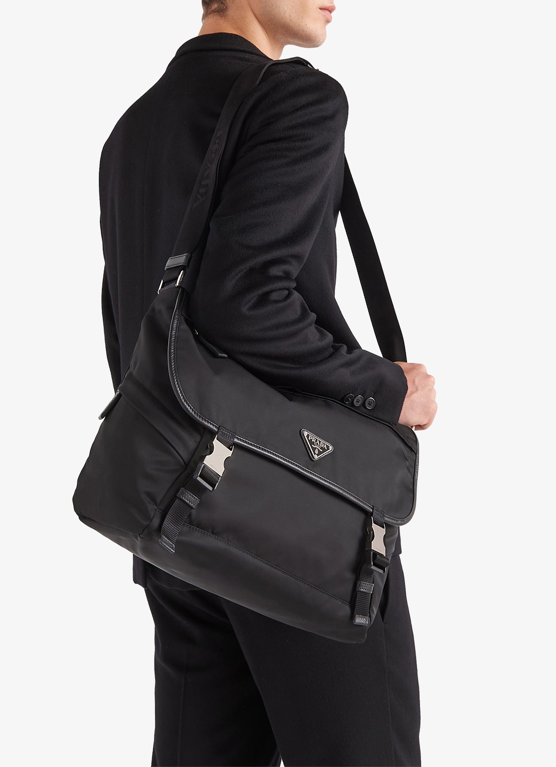 Prada Re-Nylon schoudertas met leren details - voorkant 7 zwart