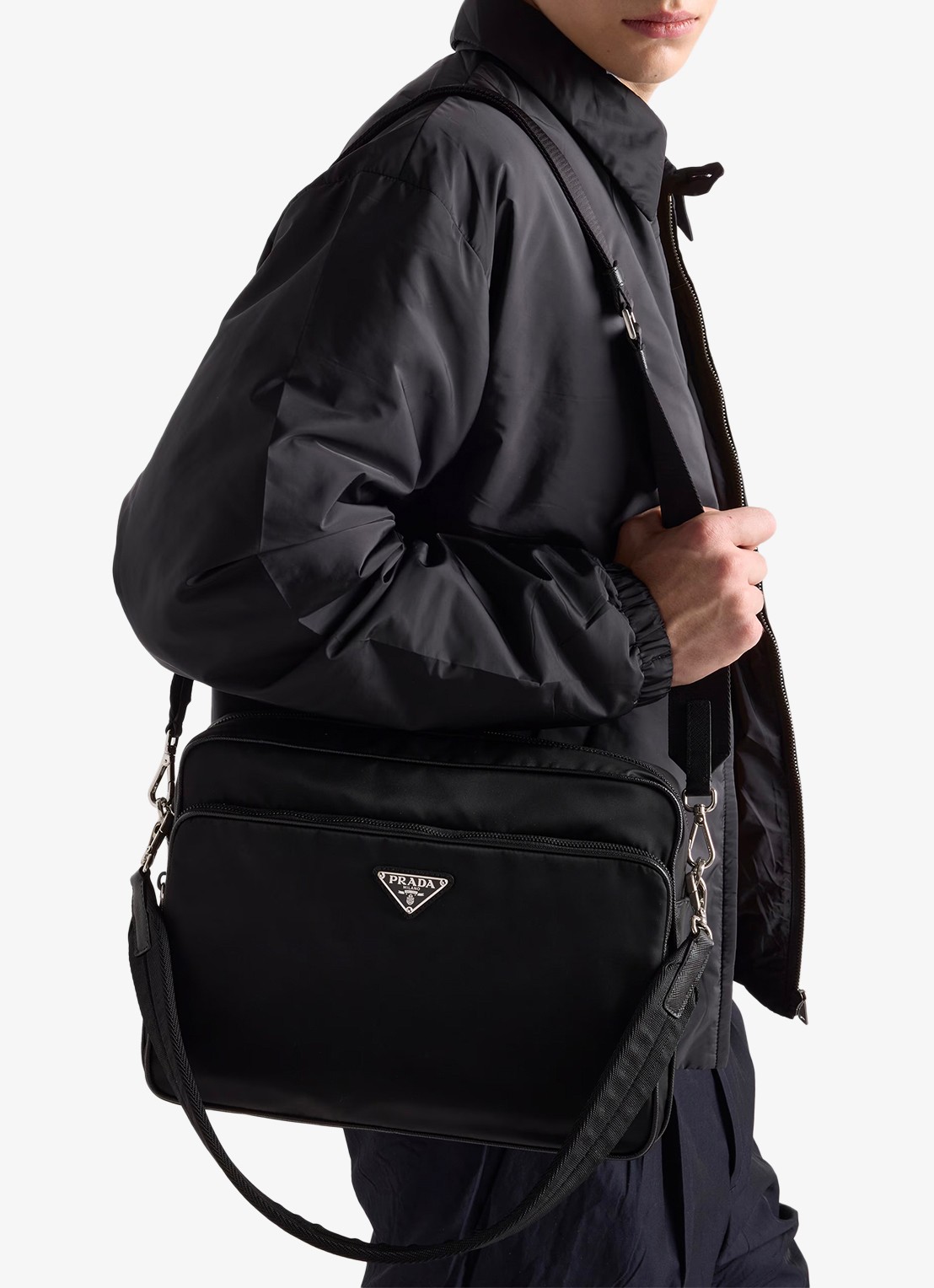 Prada Re-Nylon schoudertas met leren details - voorkant 7 zwart