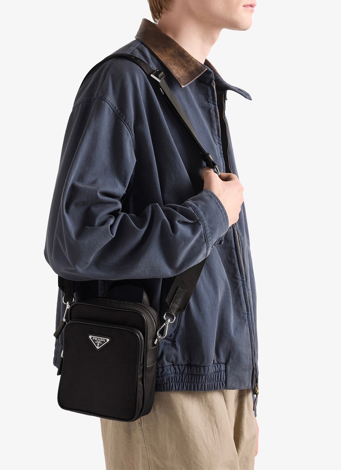 Prada Re-Nylon schoudertas met leren details - voorkant 2 zwart