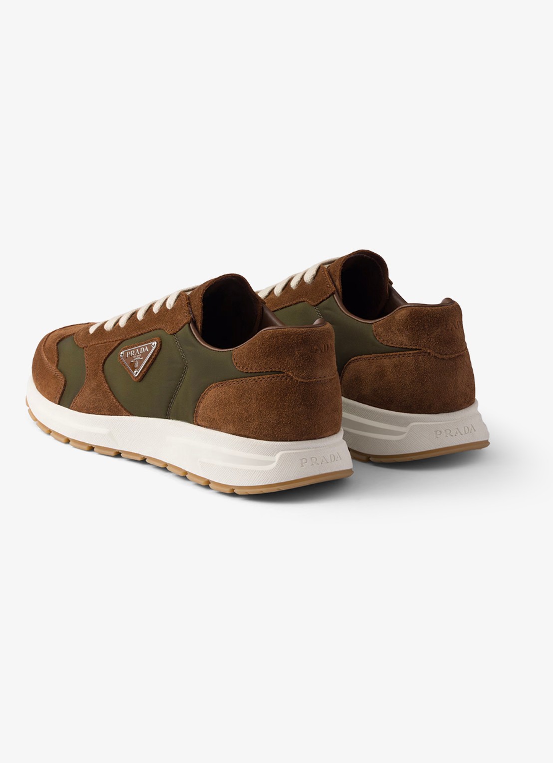 Prada Re-Nylon sneaker met suède details - achterkant bruin