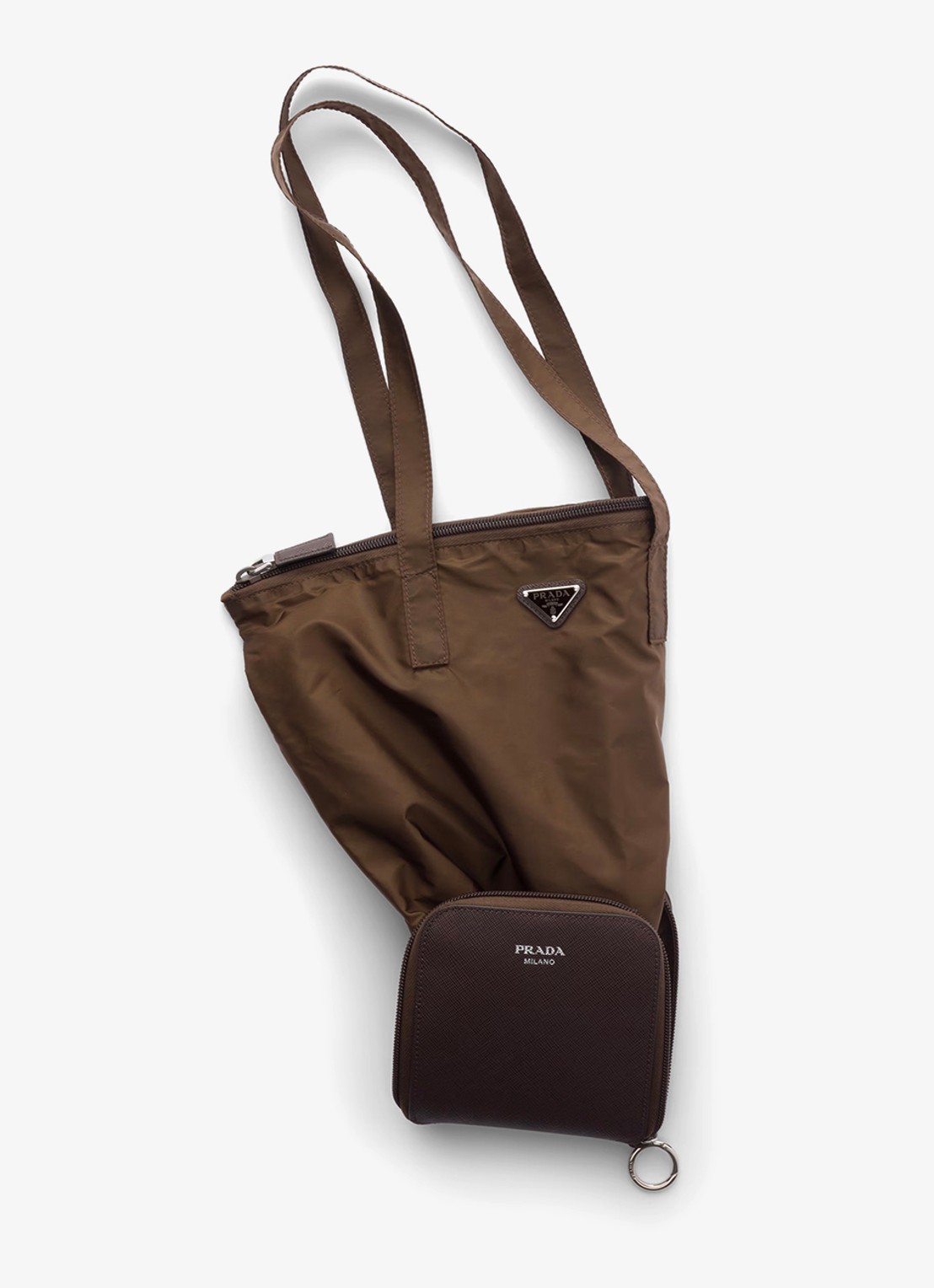 Prada Re-Nylon tasbedel van leer met opbergbare tas - voorkant 2 donkerbruin