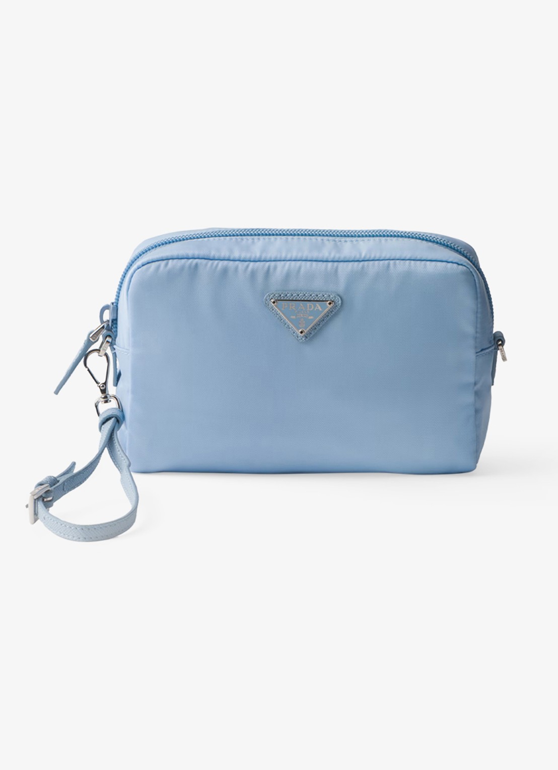 Prada Re-Nylon toilettas met leren details en logo - voorkant lichtblauw