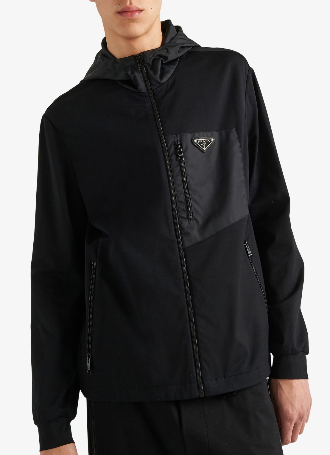 Prada Re-Nylon trackvest met capuchon en contrast - detail 4 zwart