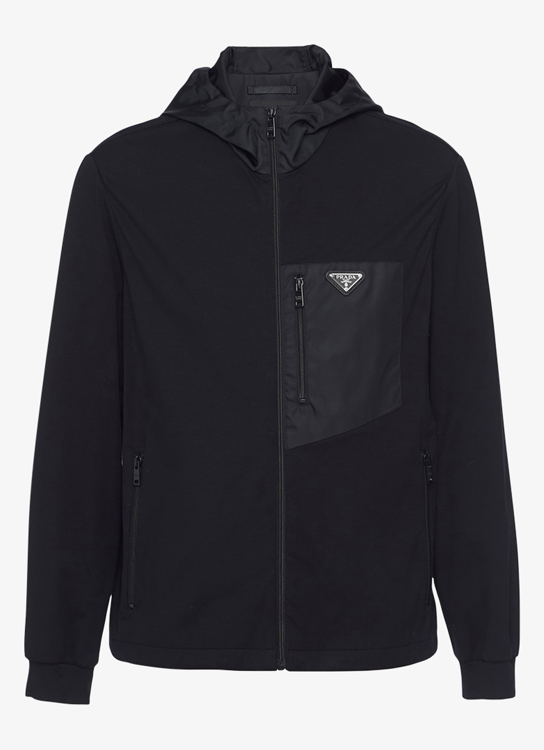 Prada Re-Nylon trackvest met capuchon en contrast - voorkant zwart