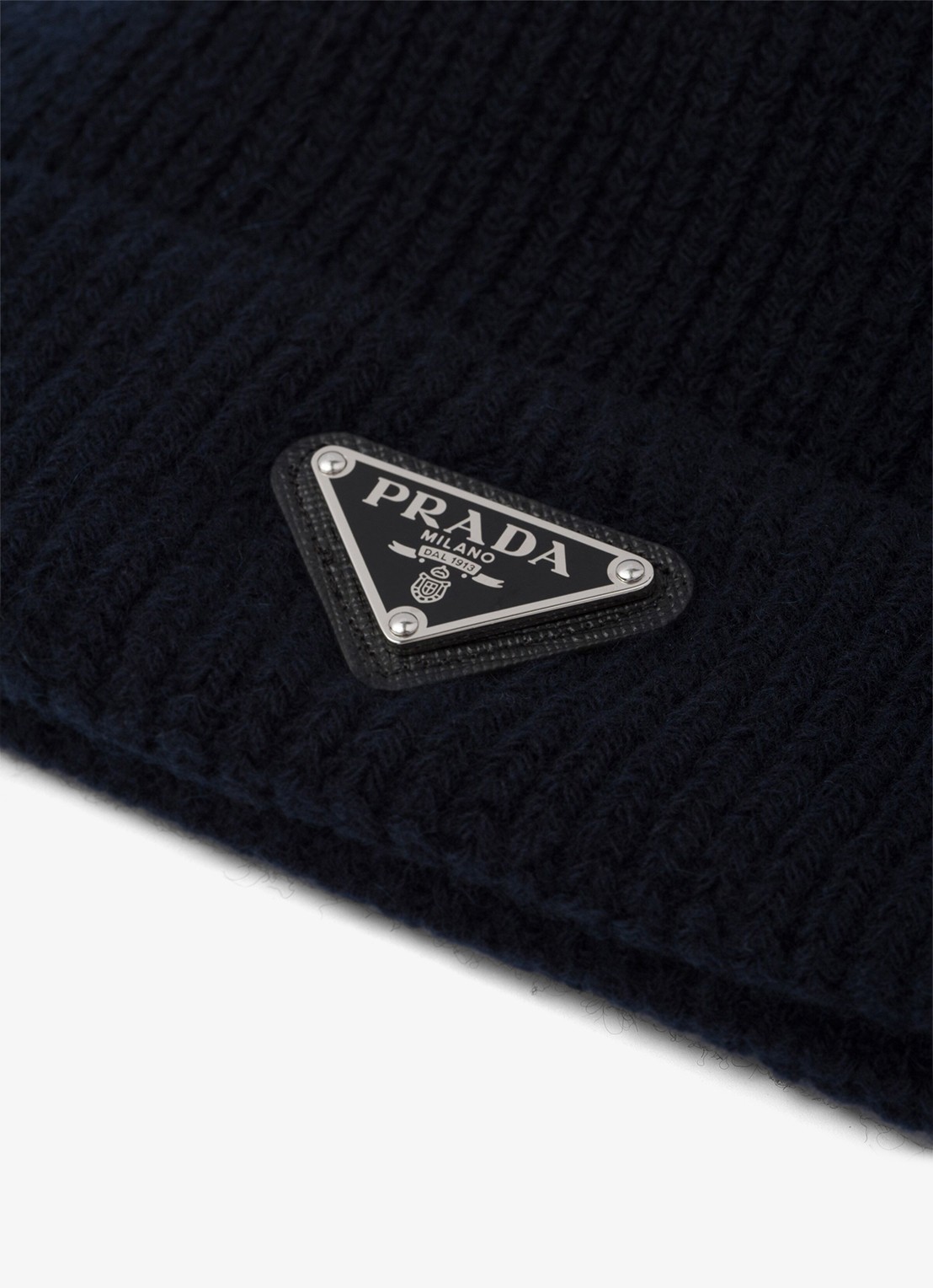 Prada Ribgebreide muts in kasjmierblend met logo - detail 2 donkerblauw
