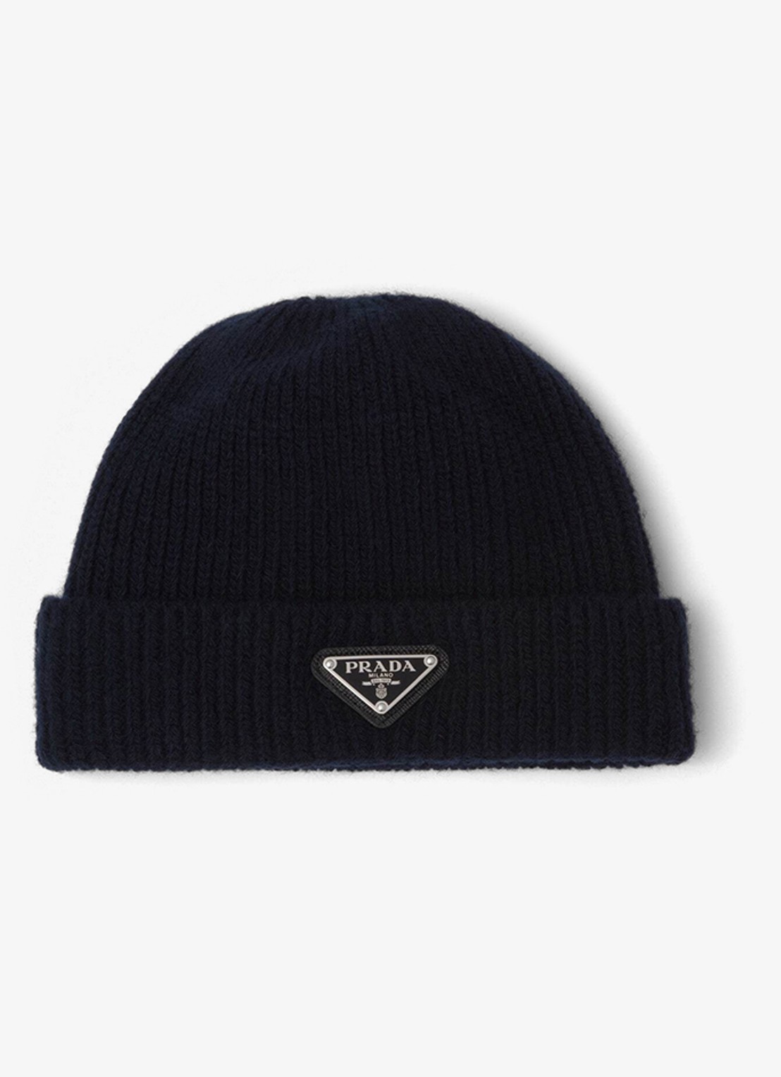 Prada Ribgebreide muts in kasjmierblend met logo - voorkant donkerblauw