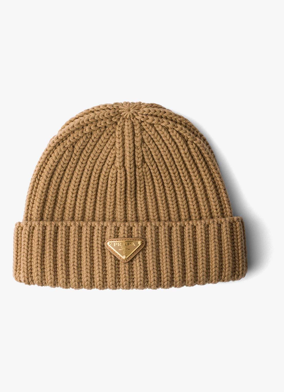 Prada Ribgebreide muts van scheerwol met logo - voorkant 2 camel