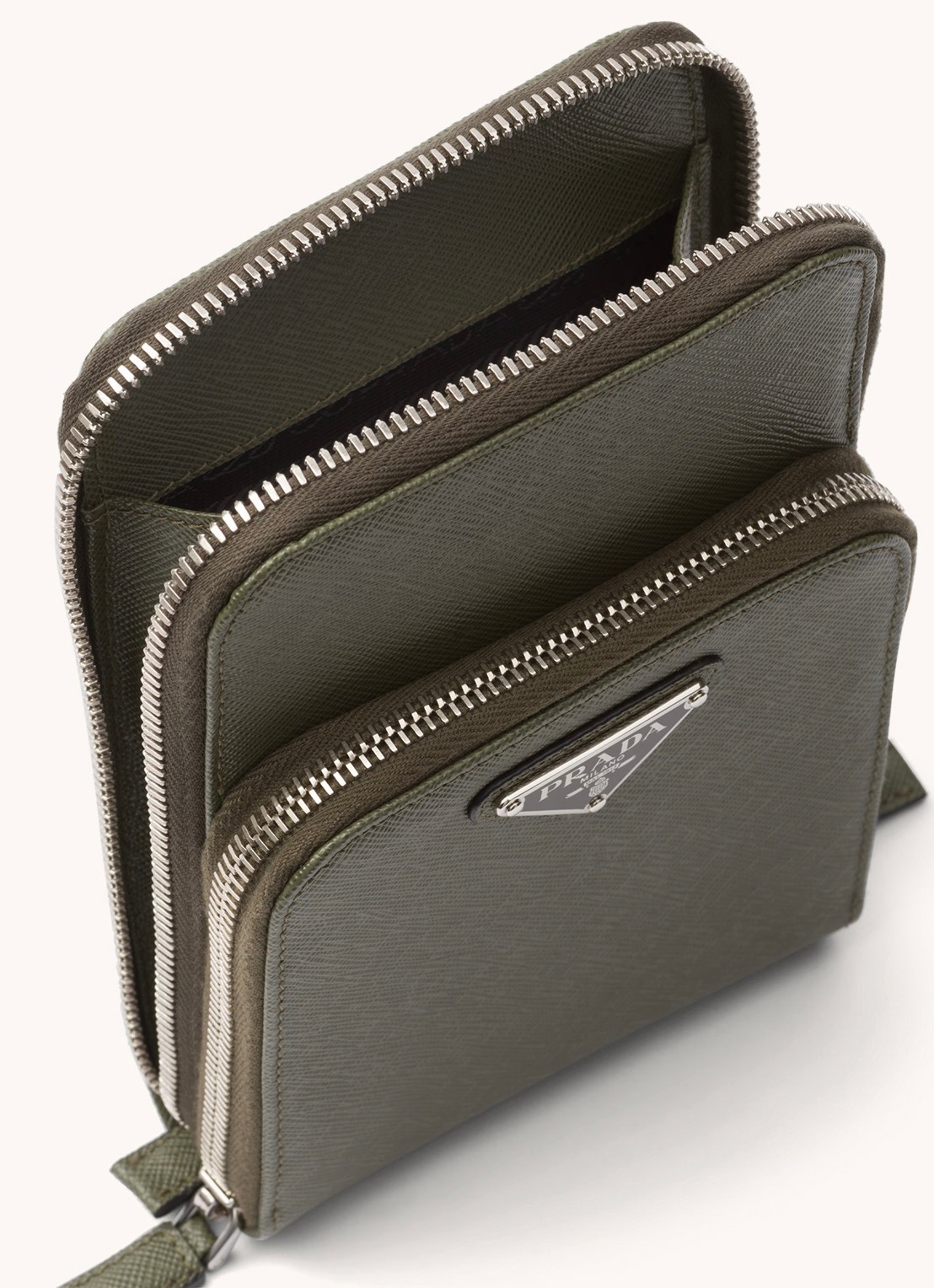 Prada Saffiano crossbody telefoonhoes van leer - detail legergroen