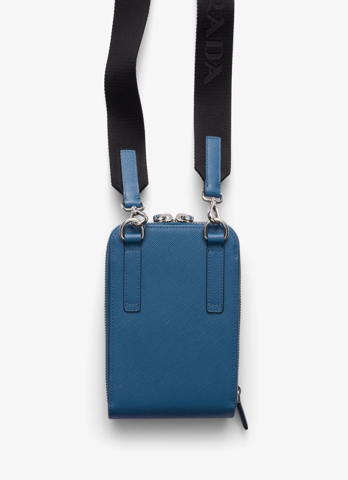 Prada Saffiano crossbody telefoonhoes van leer - achterkant staalblauw