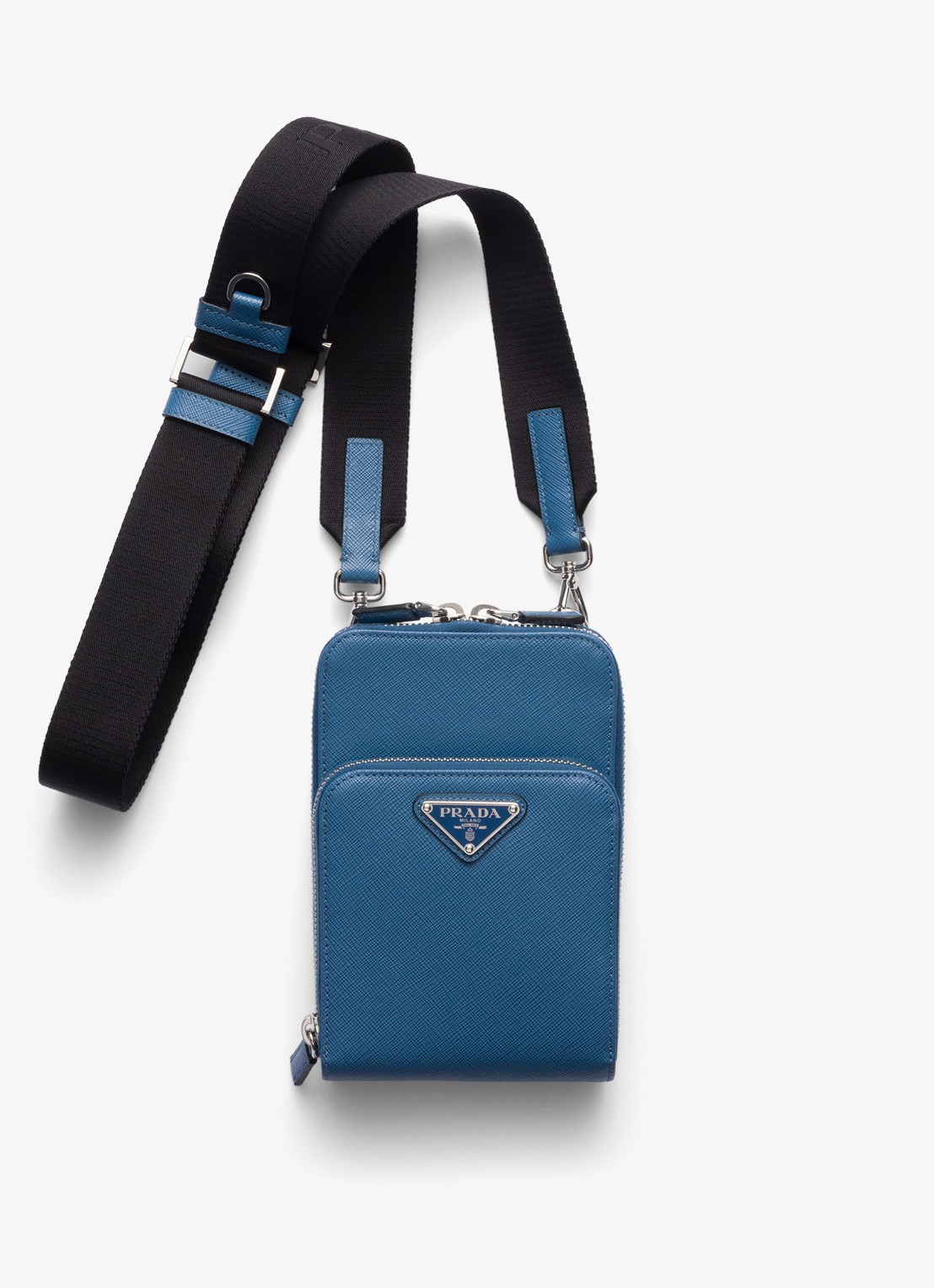 Prada Saffiano crossbody telefoonhoes van leer - voorkant 3 staalblauw