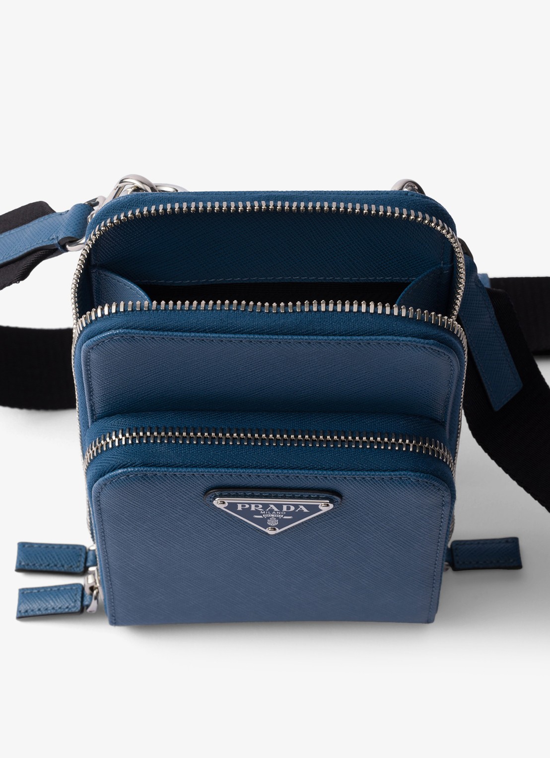 Prada Saffiano crossbody telefoonhoes van leer - voorkant 4 staalblauw
