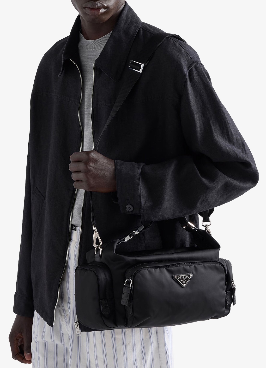 Prada Schoudertas met details van leer - voorkant 7 zwart