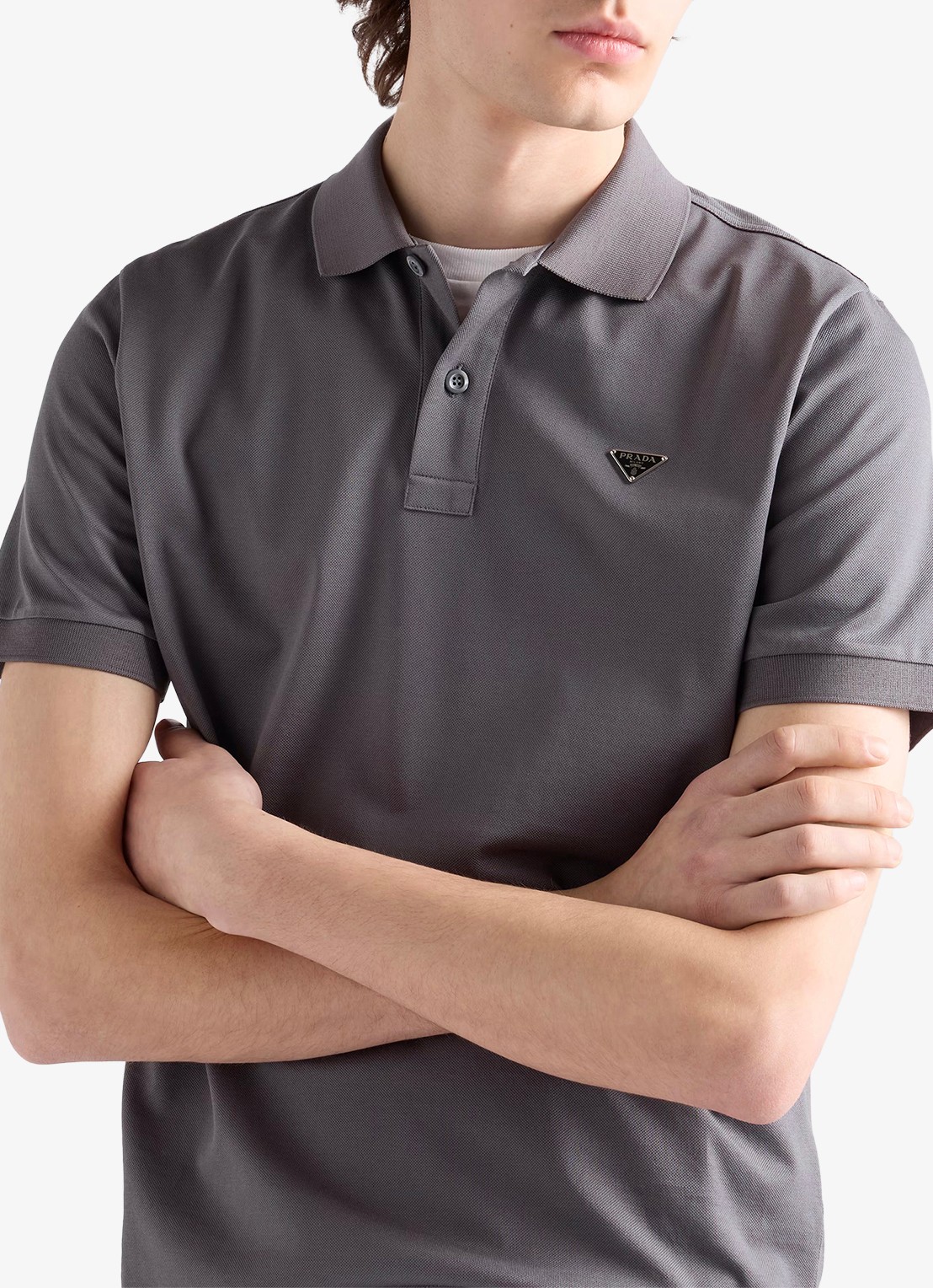 Prada Slim fit polo van piqué katoen met logo - detail 3 grijs