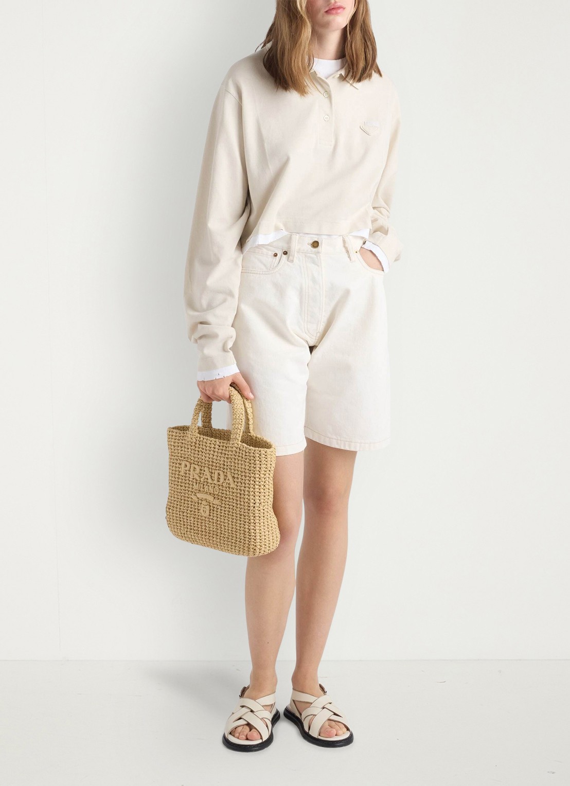 Prada Small handtas van crochet met logo - detail 6 lichtbruin
