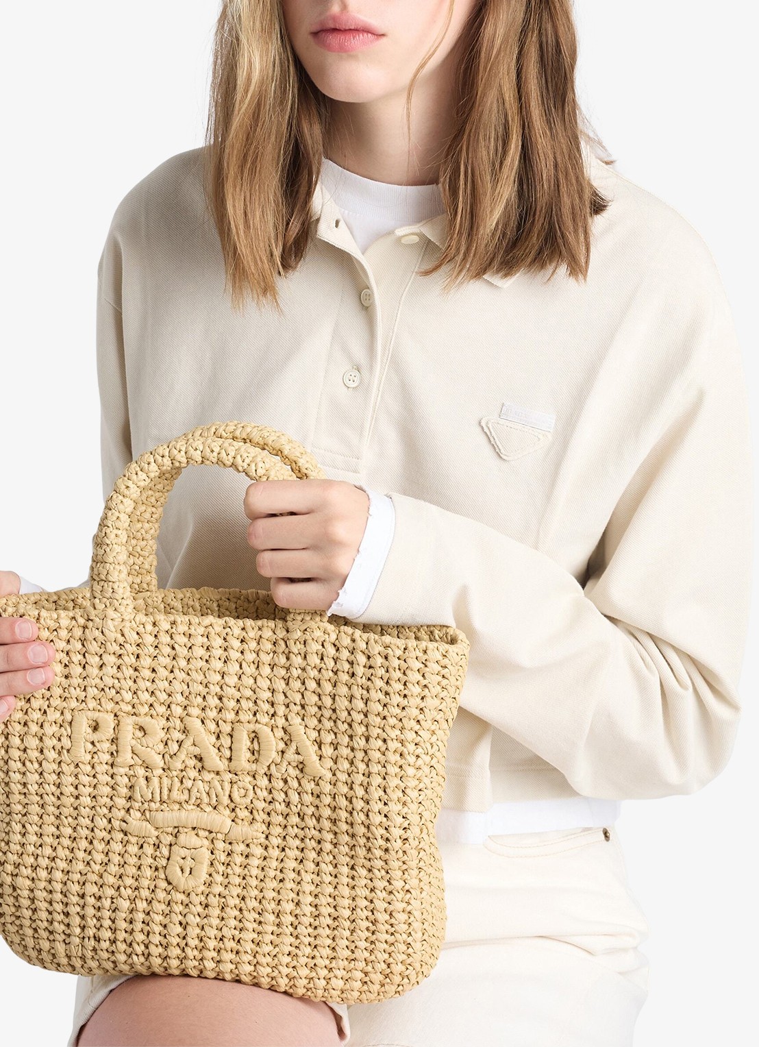 Prada Small handtas van crochet met logo - detail 7 lichtbruin