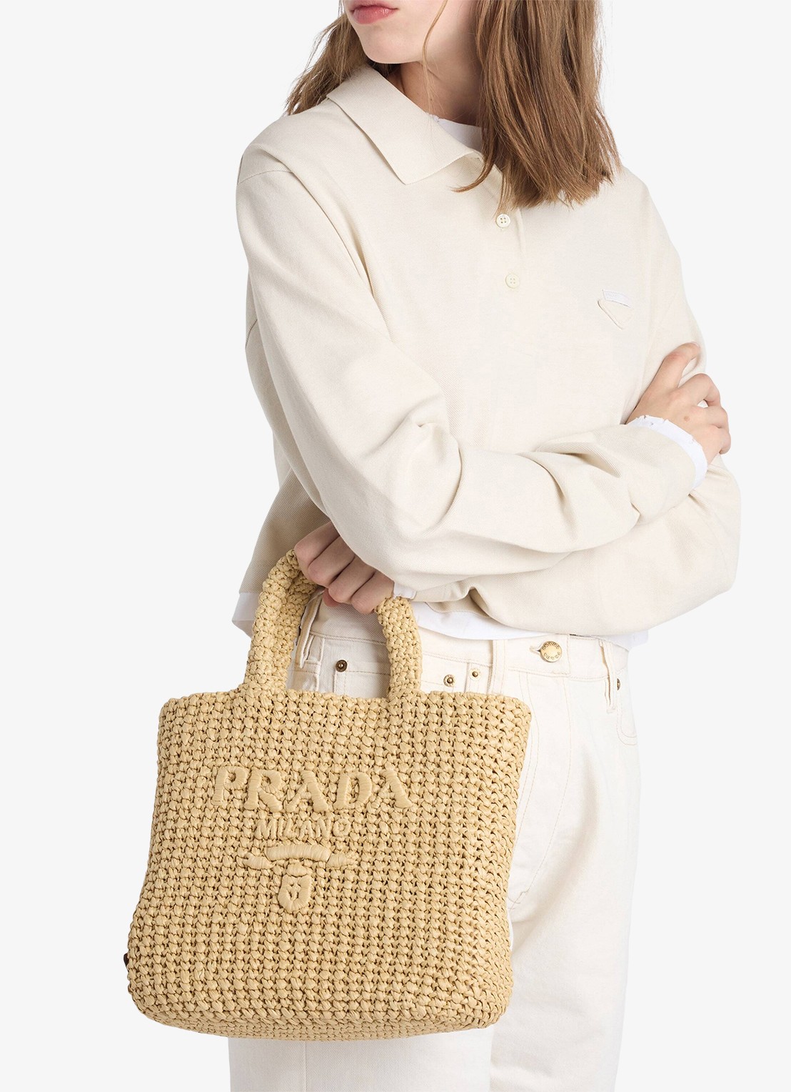 Prada Small handtas van crochet met logo - voorkant 2 lichtbruin