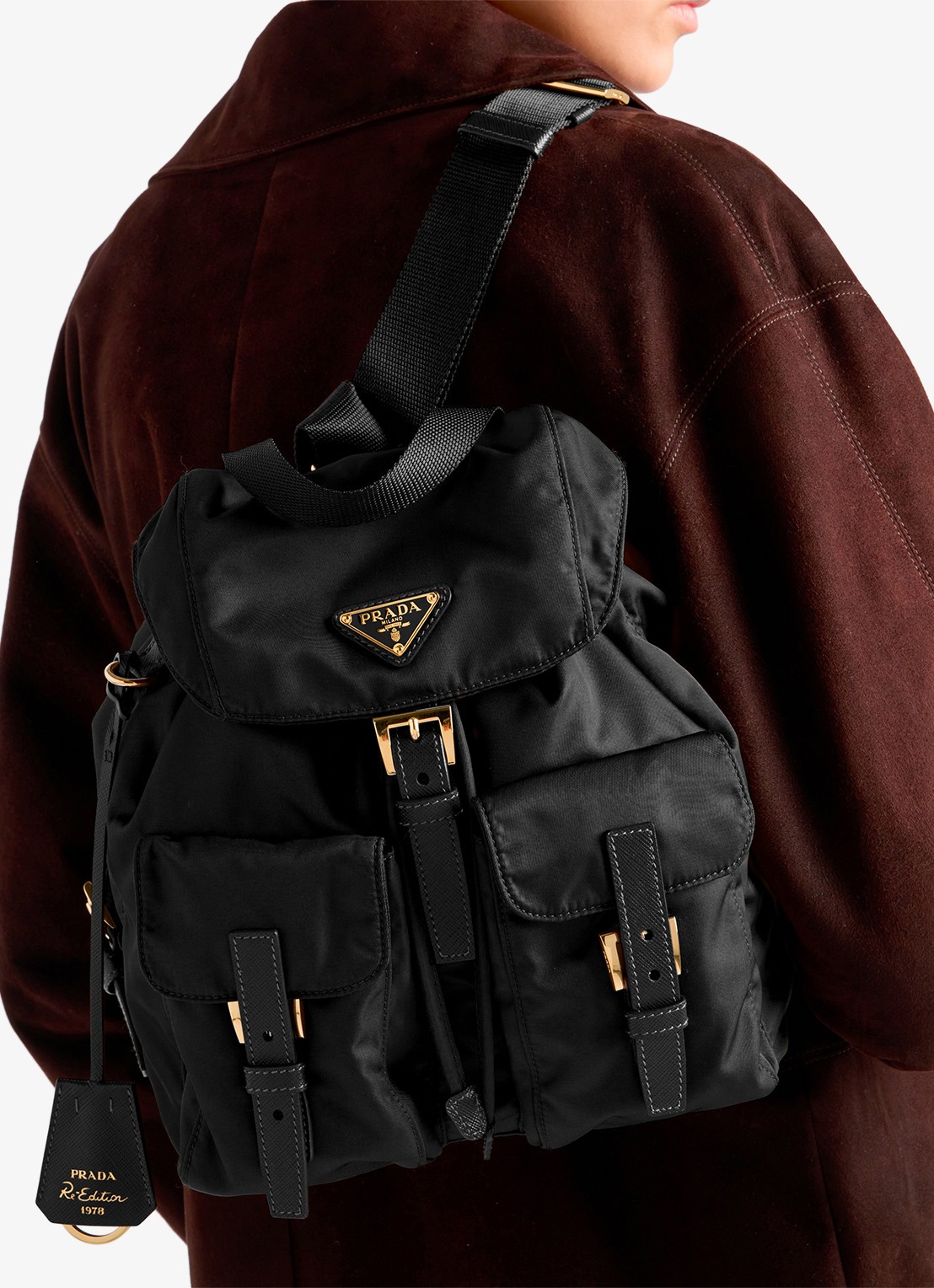 Prada Small Re-Nylon rugzak met logo - voorkant 2 diepzwart